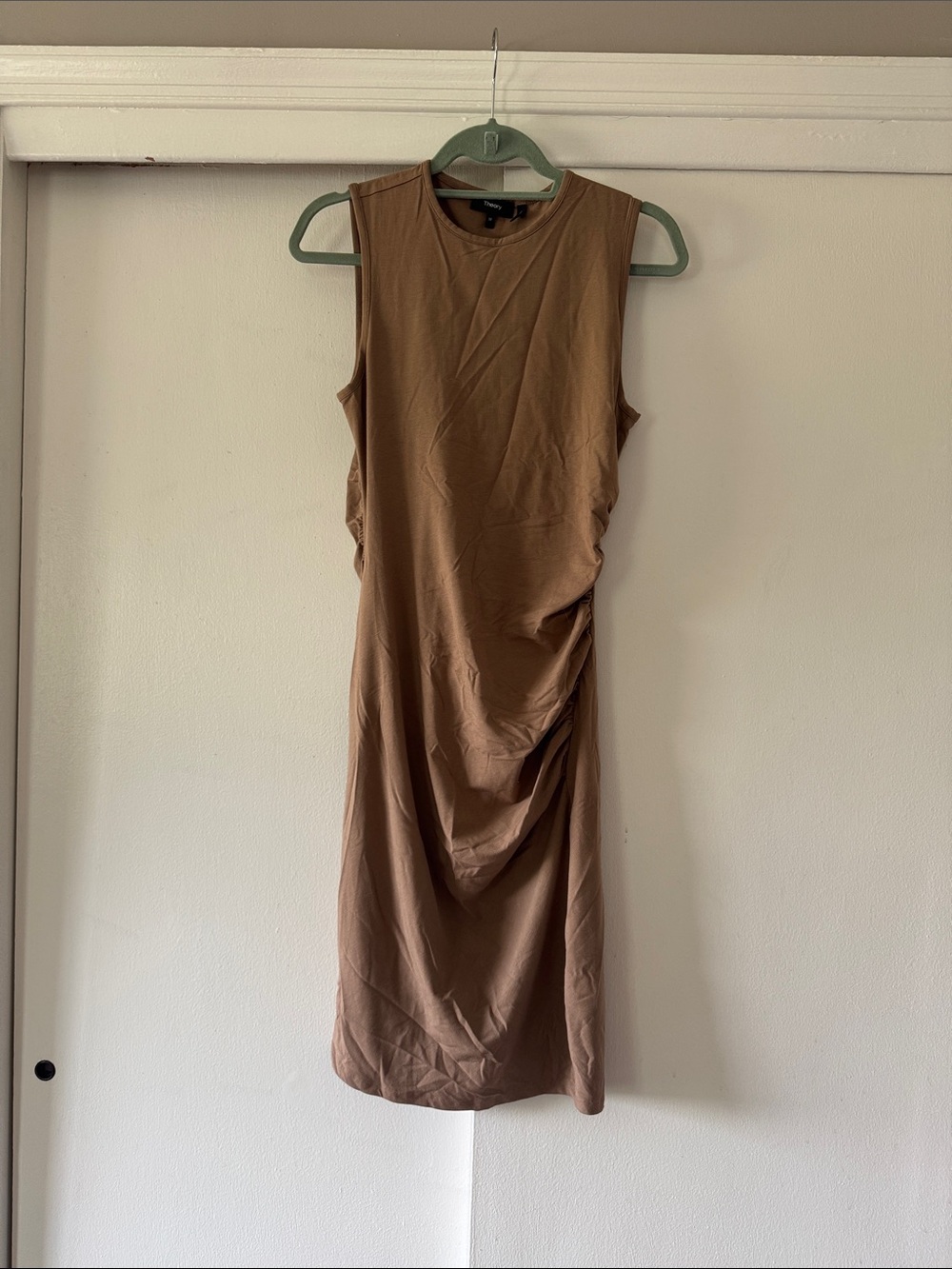 Theory Sleeveless Ruched Midi Dress in Tan Brown
